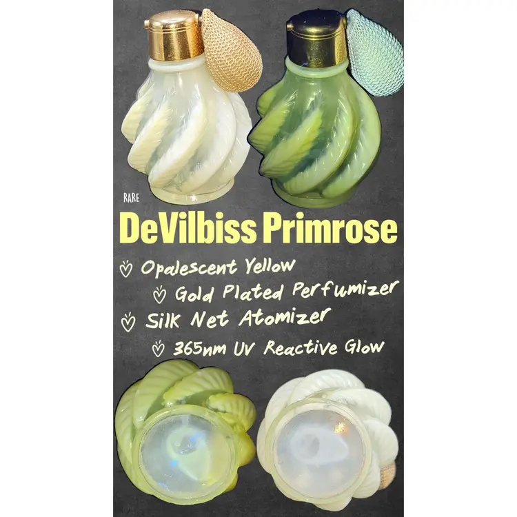 #01 - Antique 1923 DeVilbiss Primrose Yellow Opalescent Art Glass Blown Glass Handmade Perfume Bottle Squat Perfumizer With Silk Netted Atomizer, 22kt Gold Plated Accents, 365nm UV Reactive Glow, & All Original Parts