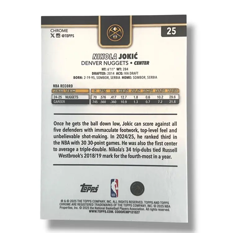 Nikola Jokic 2025-26 Topps Chrome Red White Blue Refractor Denver Nuggets MVP