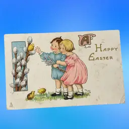 #21 Antique Tuck’s Easter Fancies “A Happy Easter” Children Baby Chicks Pussy Willow Embossed Easter Postcard, Posted 1918