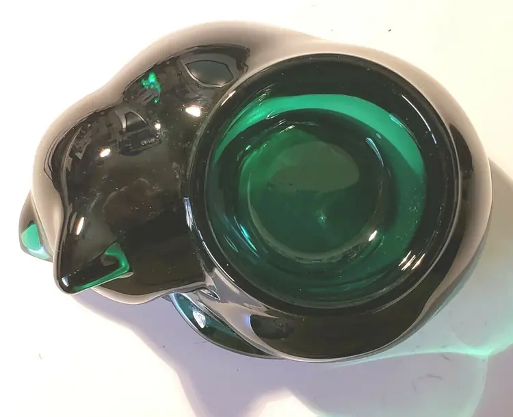 Indiana Glass Sleeping Cat Votive Candle Holder 4 3/4" Dark Green Glass w/label