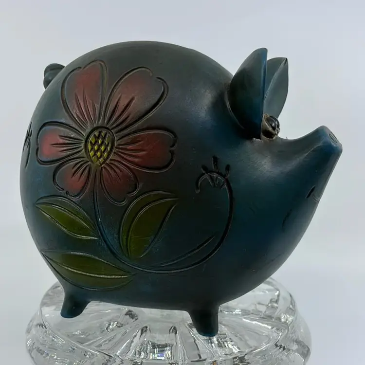 Vintage Dark Teal Floral Ceramic Piggy Bank 5.5H 6L
