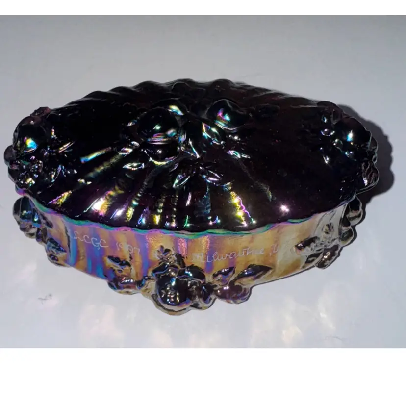 Fenton Cabbage Rose Trinket Box Purple Lincoln Land Carnival Glass Club 1997