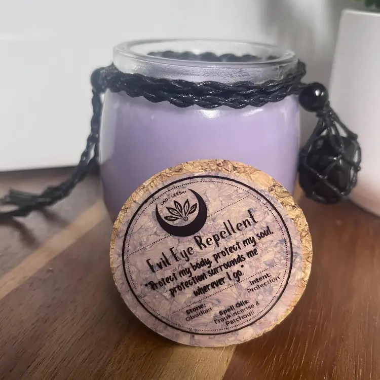 Spell Candle “Evil Eye Repellent” - Protection Intent - Patchouli, Myrrh, Frankincense Scent - Blessed w/ Spell Oils - 30 Hrs