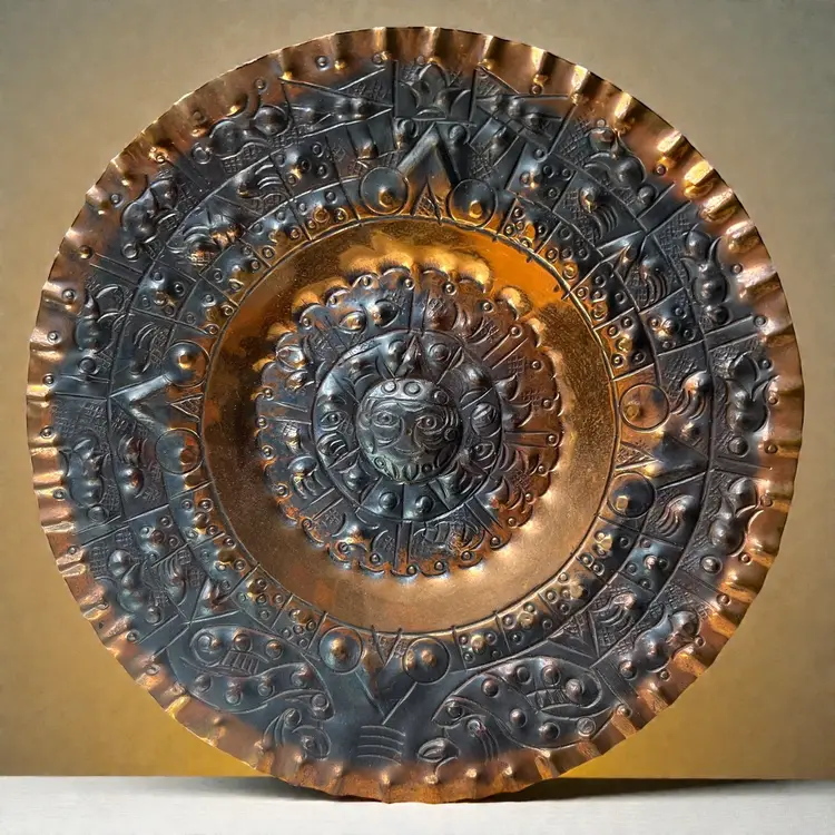 025 Hammered Copper Sun Calendar Aztec Mayan Mexican 6.75"