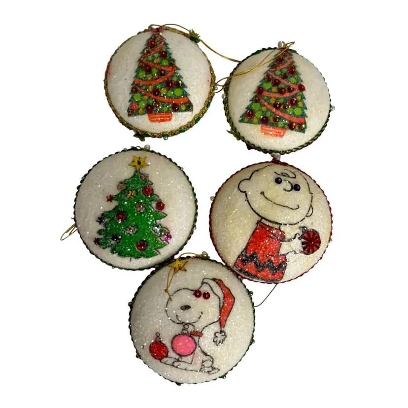 Five Vintage Push Pin Christmas 2-Sided Ornaments Sugar Coated  Styrofoam Santa Reindeer Tree Snoopy Charlie Brown Multicolor