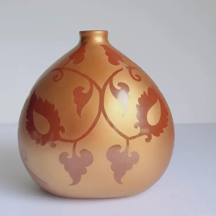 #1210 Studio Art Pottery, Vase, Hand Design & Created, Gold And Reddish/Brown Leaves