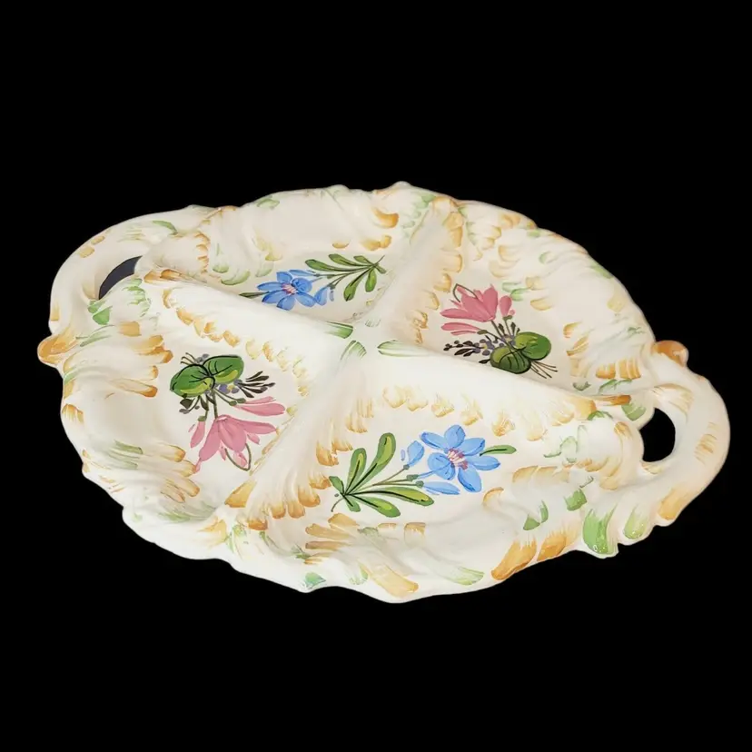 Vintage Italian Ceramic Handpainted Floral Divided Serving Plate