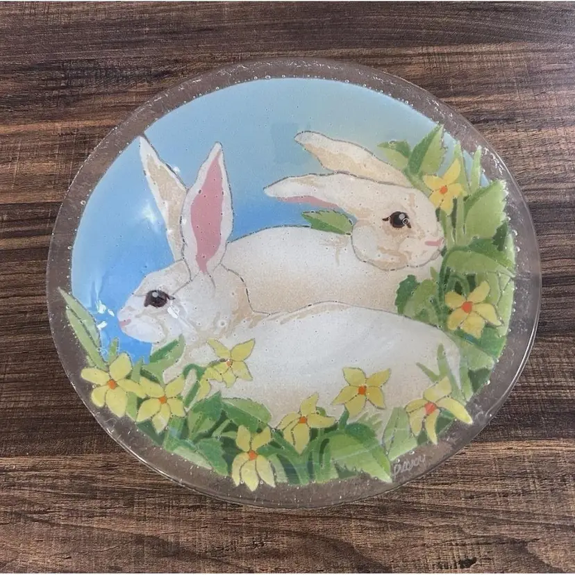 Peggy Karr Easter Bunnies Rabbits 11" Round Fused Glass Bowl Signed 2004