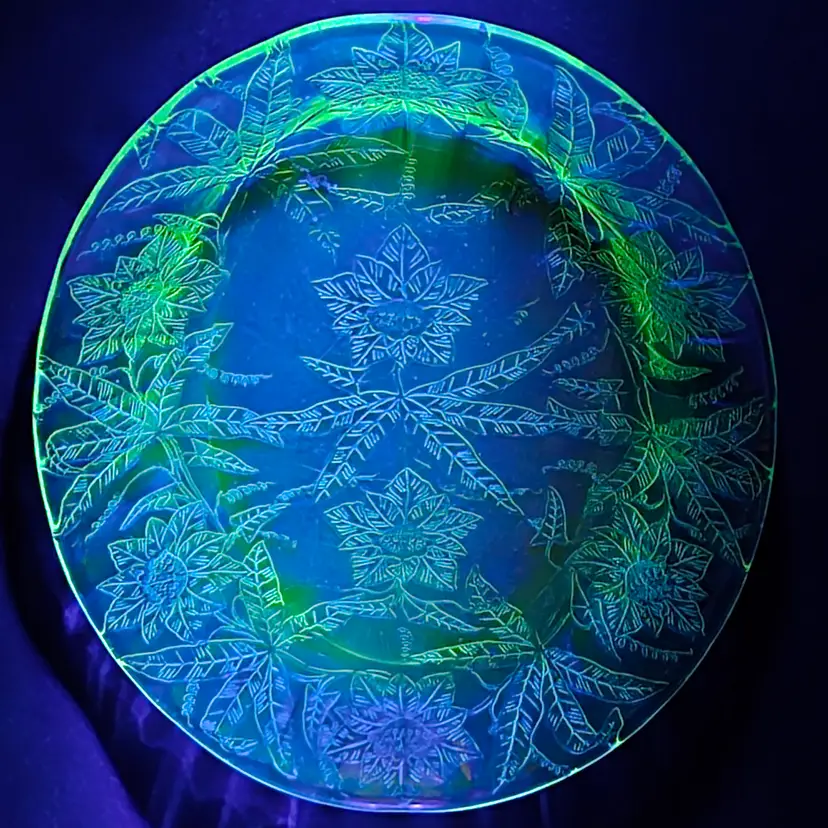Uranium Green Poinsettia Depression Glass Plate Jeanette Glass Co 10¾"× 6¾" Oval