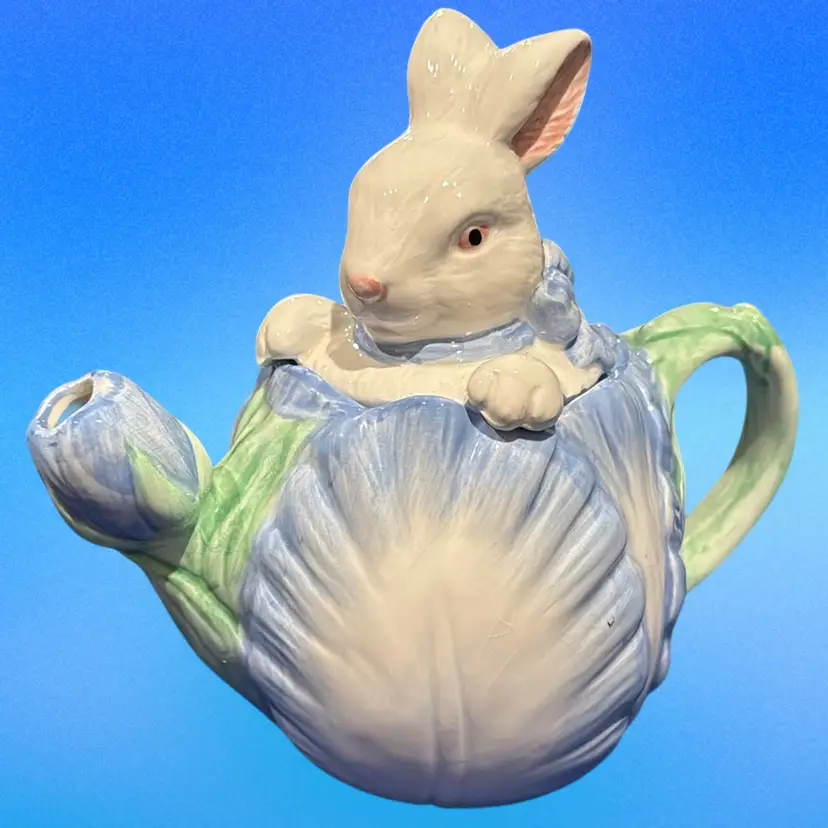 Vintage Bunny in A Cabbage Teapot W/ Tulip Sprout