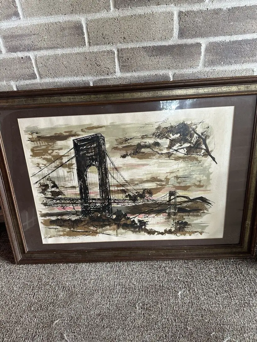 Framed Wall Art: George Washington Bridge at Dusk - Vintage Style Print