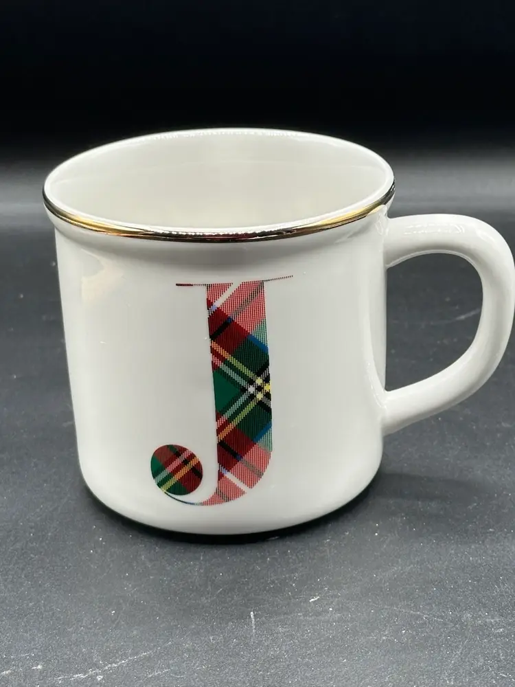 Pottery Barn Plaid Monogram "J" Stoneware Coffee Mug Cup Gold Trimmed 16 oz.