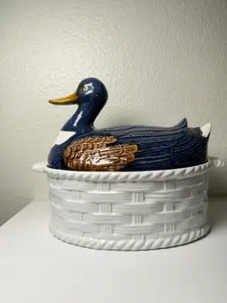 Vintage Portugal Mallard Duck Tureen Covered Ceramic Dish Basket Weave 11"