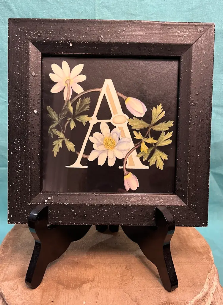 Black Framed Victorian Garden initial “A” With Black Picture Stand