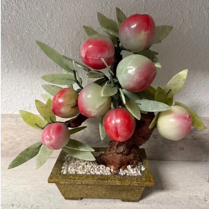 Epic Large Carved Jade & Gemstone Vintage MCM Bonsai Plum Tree 12x12”