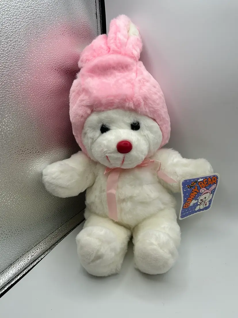 Vintage Fairview Plush White Bear Pink Bunny Rabbit Ears Easter Stuffed Animal