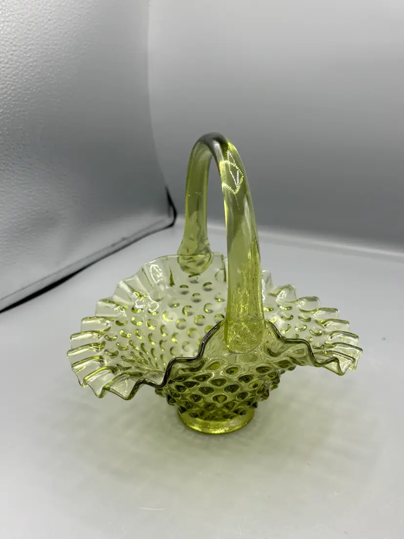 Fenton Colonial green hobnail glass basket