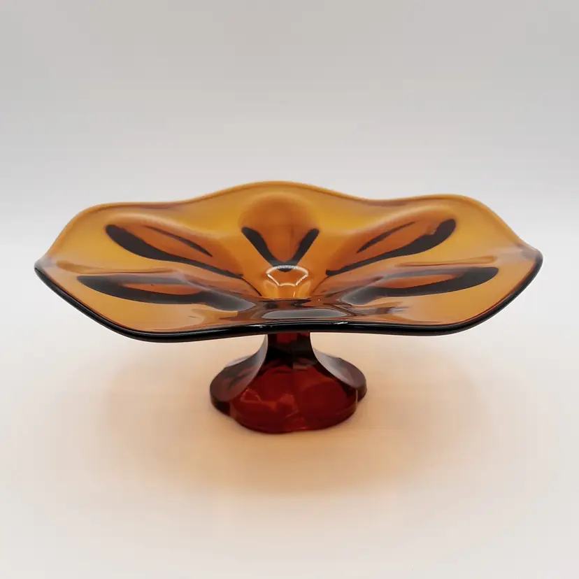Vintage Amber Glass 6 Petal Pedestal Compote Plate Dish
