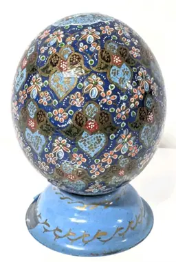 Beautiful Vintage Hand Painted Real Enameled Ostrich Egg on Metal Stand - 7 Inches Tall