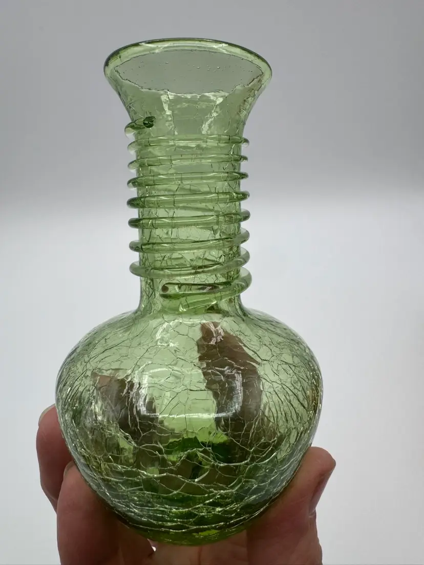 #11. Vintage Hand Blown Crackle Art Glass Small Vase