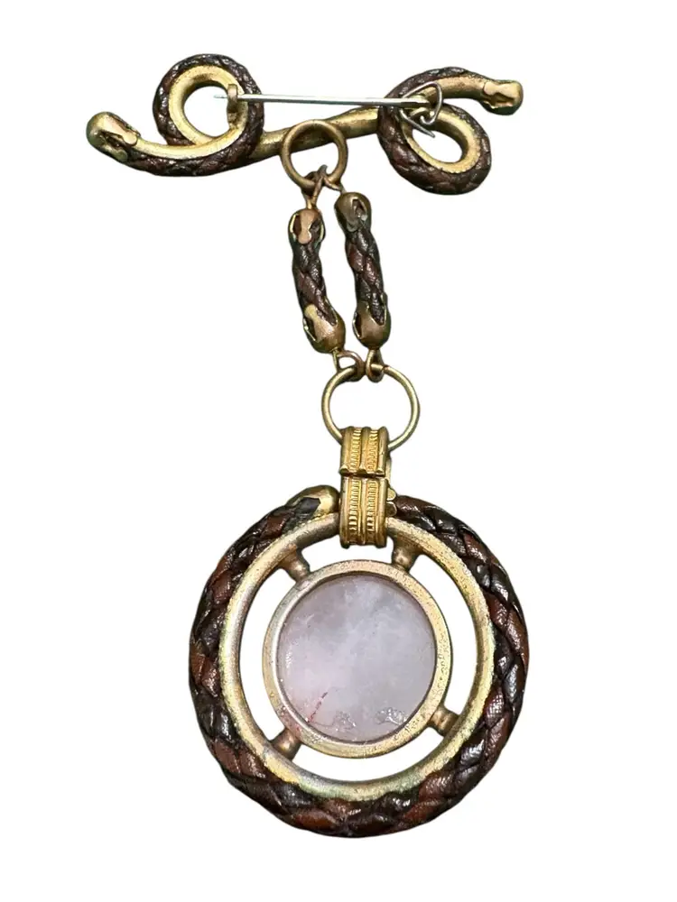 60. 1940S World War II Military Leather Dangle Brooch- Rose Quartz Cabochon