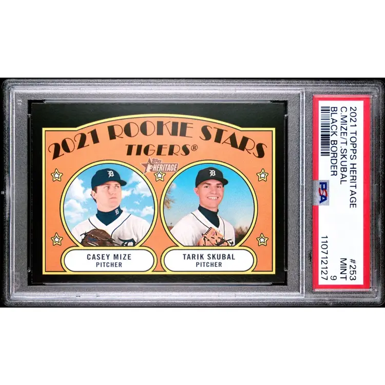 Tarik Skubal Casey Mize 2021 Topps Heritage Rookie Stars Black Parallel Print Run=50 SSP RC #253 PSA 9 Detroit Tigers