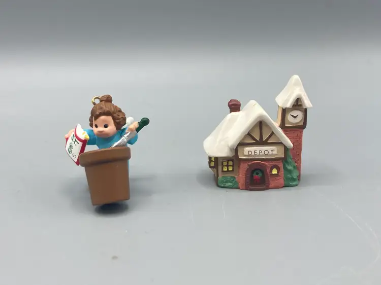 Vintage Miniature Hallmark Keepsake Ornaments - 1997 Seeds of Joy and 1997 Old English Village House