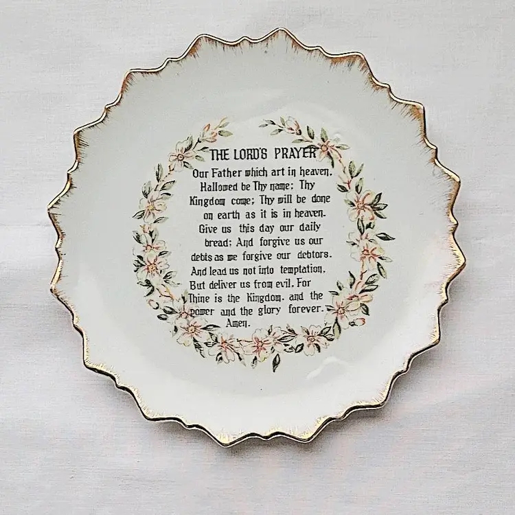 Vintage Porcelain Plate – The Lord’s Prayer, Floral Wreath & Gold Trim