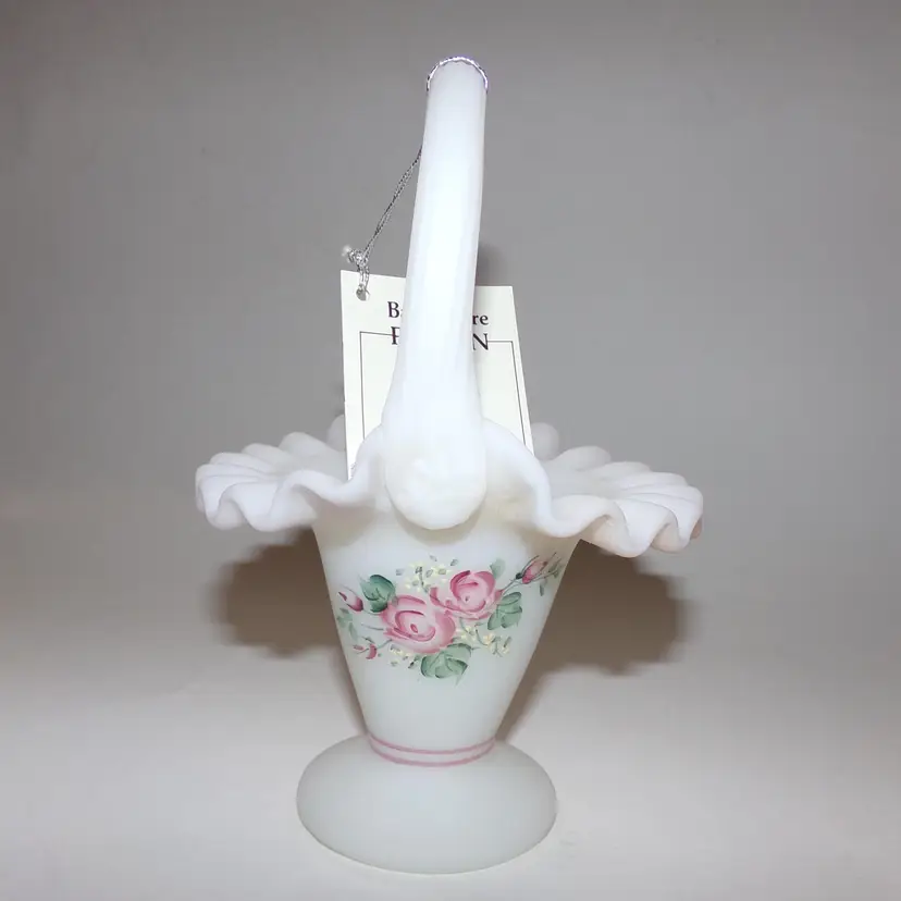 Vintage Fenton Hand Painted & Signed, Rose Garden, 7" Basket #2737, Orig Tag! Like New!