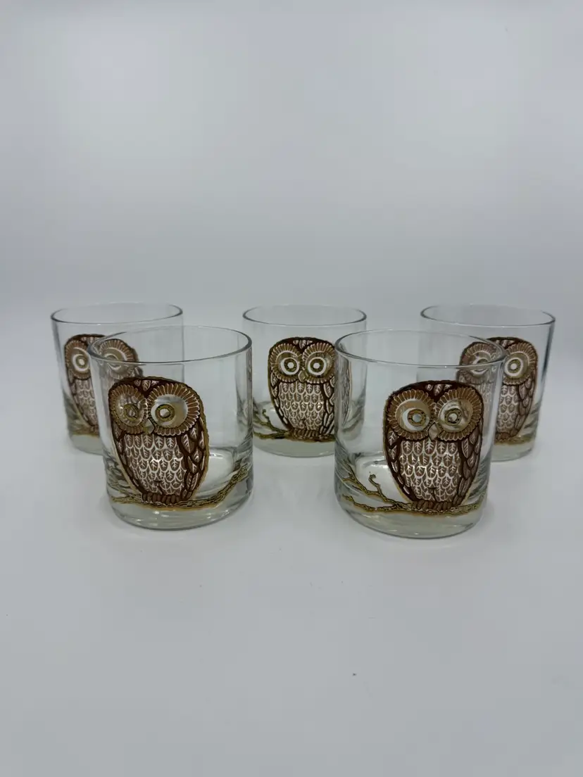5 MCM Vintage Georges Briard Gold & Brown Owl Lowball Cocktail Glasses