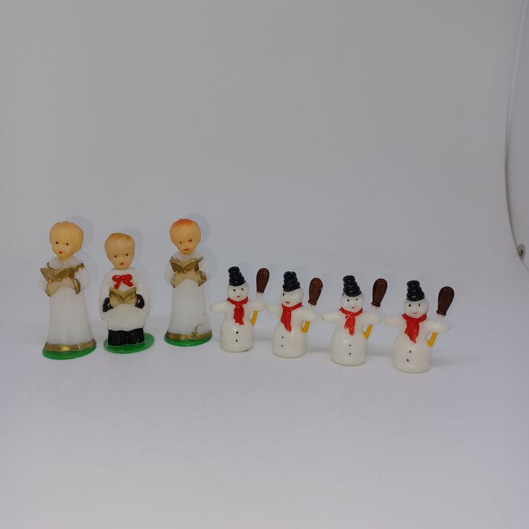 Vintage Plastic Cake Cupcake Toppers chorus figures & snowmen 7 pc 1950s