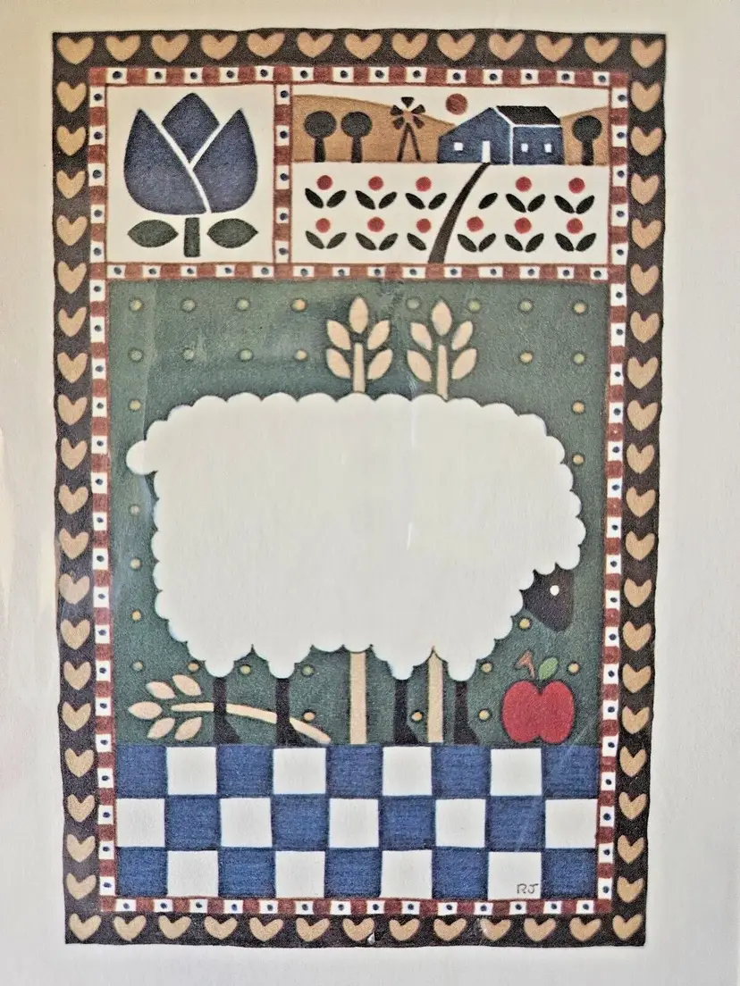 "Fluffy Lamb & Apple" Lithograph by Roger Johnson Country Decor Matted 10" x 8"