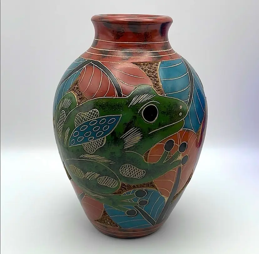 South American Terracotta Carved/Painted Folk Pottery Vase, FROGS in Red, Green and Black with Foliage