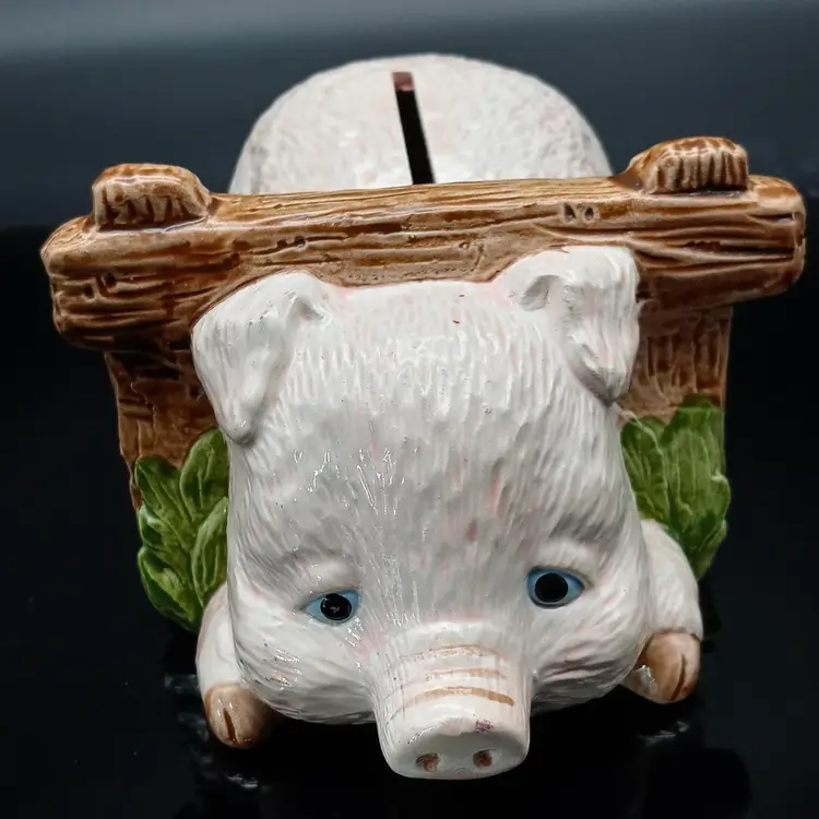 Vintage Enesco Ceramic Piggy Bank - Pig with Head Poking Through Fence - 1984