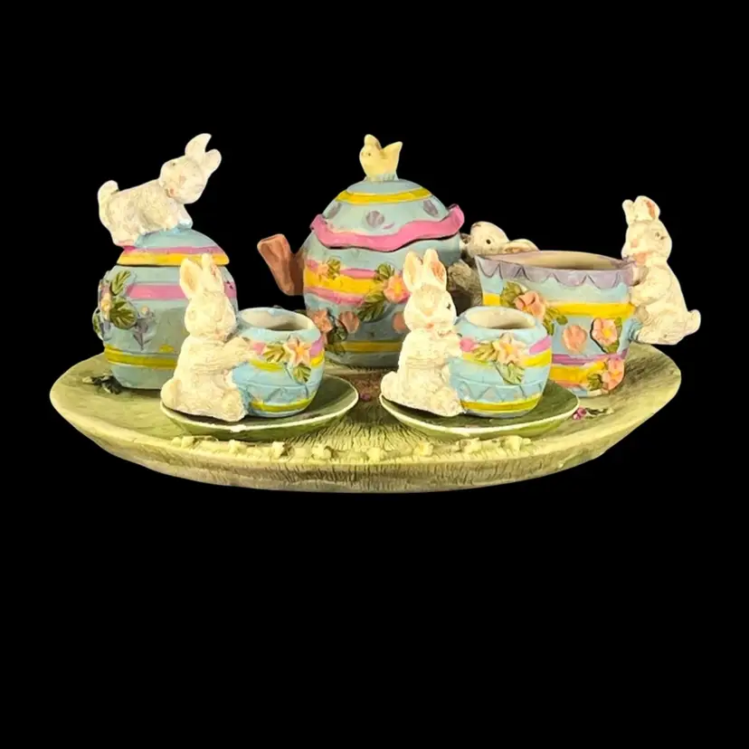 Miniature Tea Set on Tray
Easter Garden Bunny Theme
Teapot Creamer Lidded Sugar
2- Tea Cup/Saucers Rabbits
