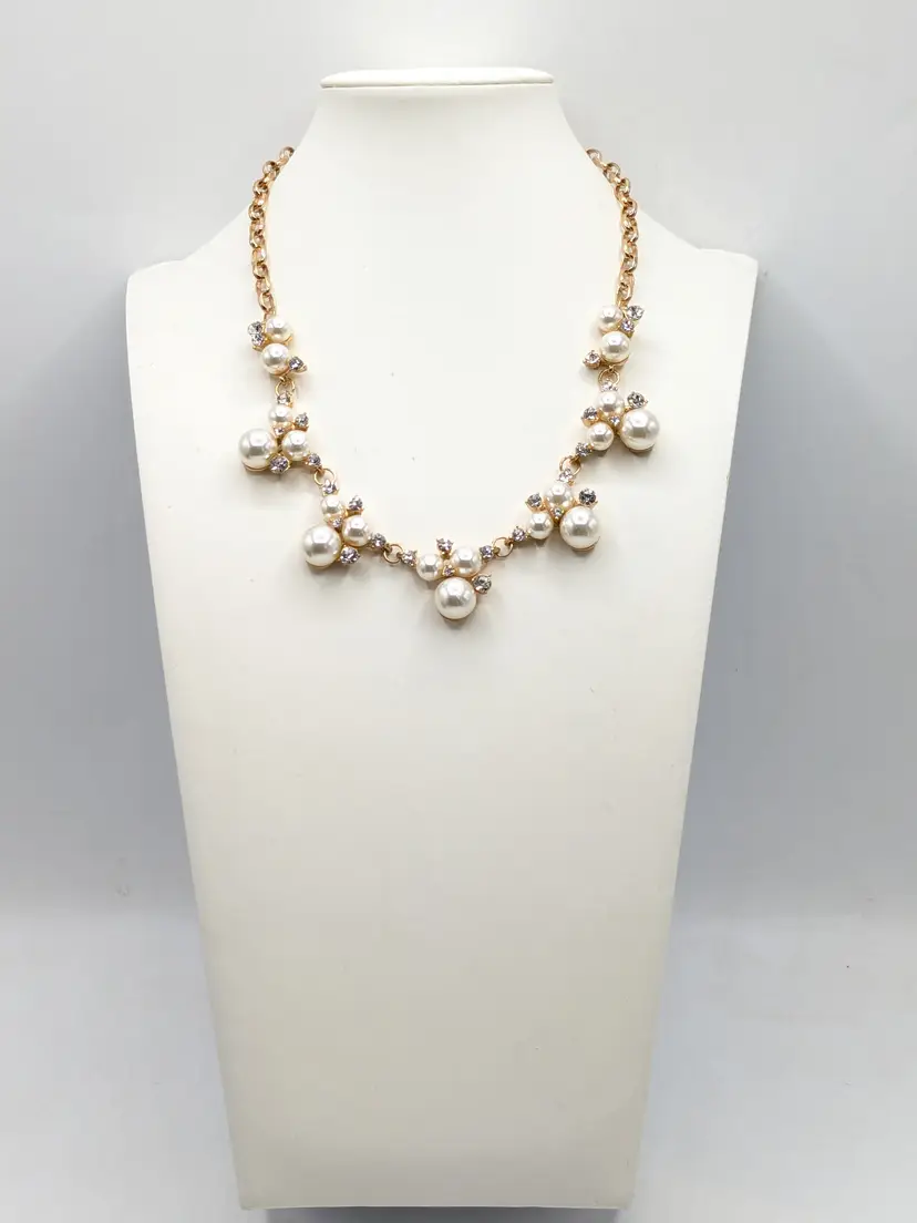 Paparazzi Faux Pearl and Rhinestone Cluster Necklace Gold Tone