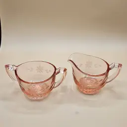 Pink Depression Glass Creamer & Sugar Set, Blooming Wheat
