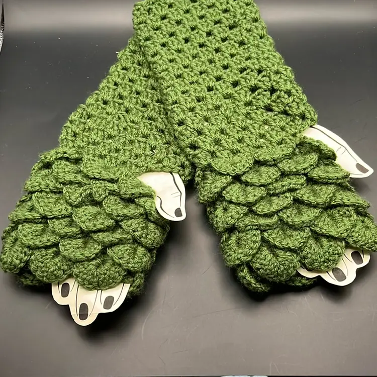 Handmade Crochet Olive Green Dragon Scale Fingerless Gloves