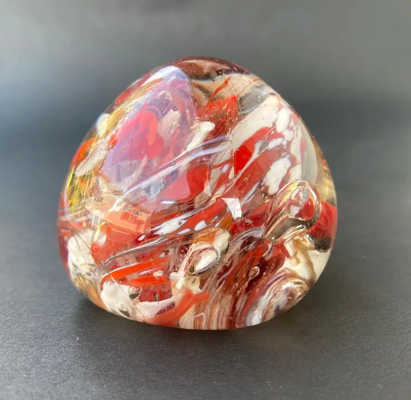 *VTG* Hand Blown Art Glass Paperweight Red White Colored Swirls