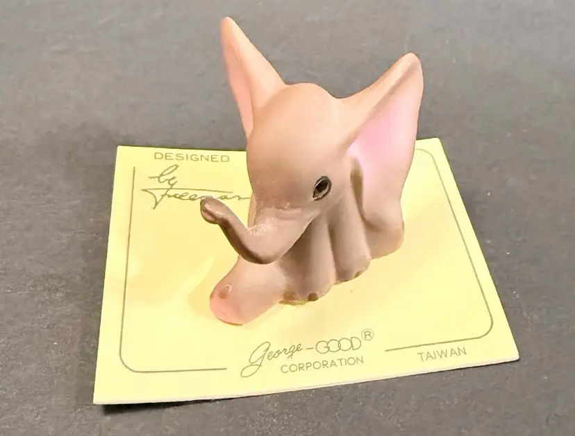 George Good Vintage Baby Elephant Mini Figurine On Card Trunk Up Large Ears