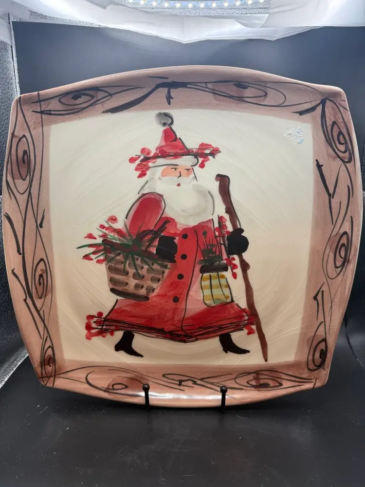 Hand-Painted Ceramic Platter Featuring Santa Claus by Vietri. - 12 in