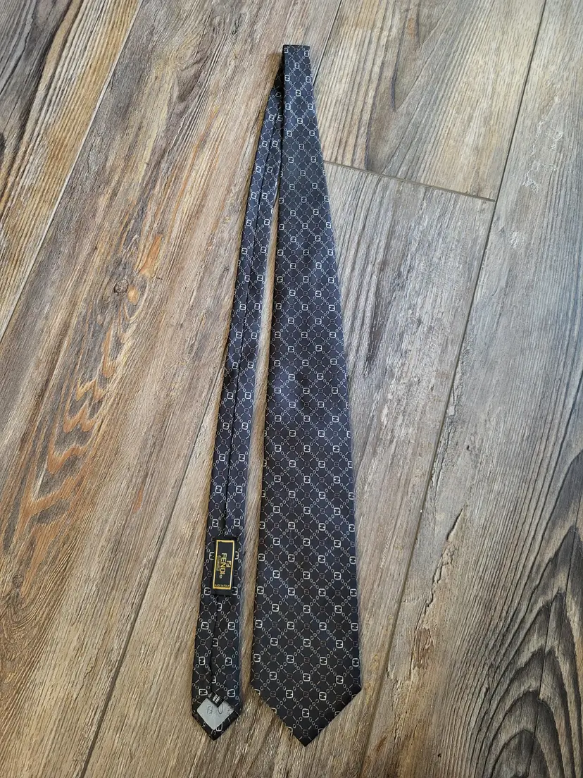 FENDI Zucca FF Pattern Silk Tie Black Cream/White Little Brown 56in x 3.75in