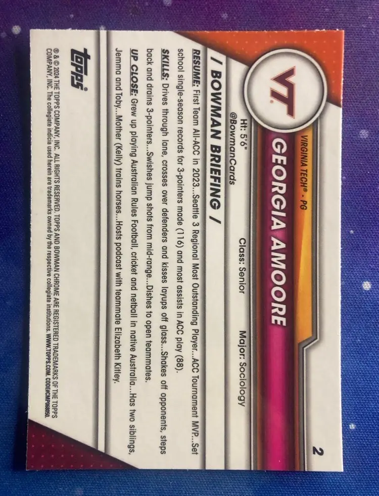 2023-24 Georgia Amoore Bowman Chrome U Sapphire #2 Virginia Tech 1st Bowman