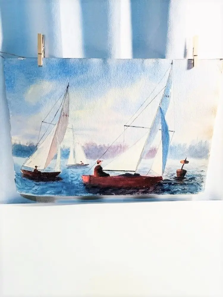 Original Hand Painted Watercolor Sailboat Painting | Vintage Watercolor Nautical Sailboat Artwork Unframed Sailing Painting