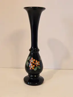Hand Painted Flowers Black Glass Bud Vase