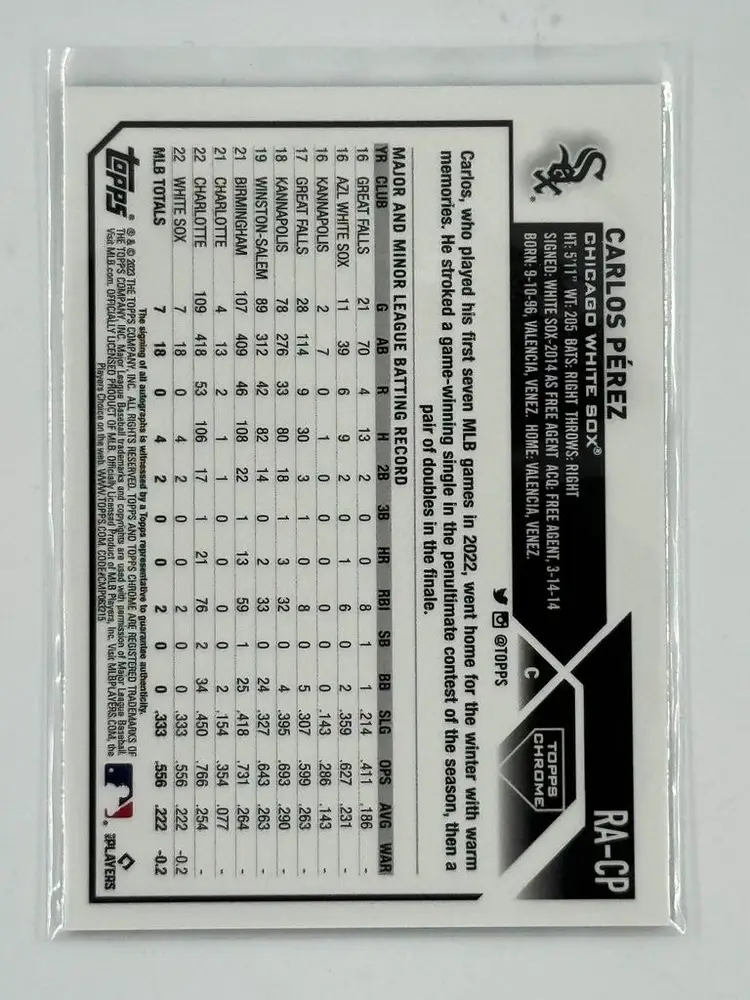 Carlos Perez 2023 Topps Chrome Rookie Auto Chicago White Sox