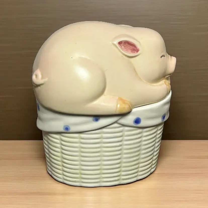 VTG Lord & Taylor Ceramic Pig In A Basket Trinket Box Japan