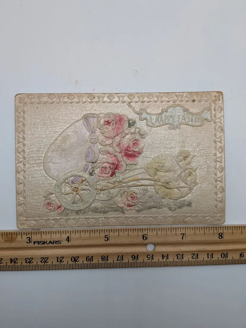 E101. Antique Postcard EMBOSSED EASTER CHICKS EGGS CART FLOWERS SILVER Metallic SHIMMER POSTMARKED 1915