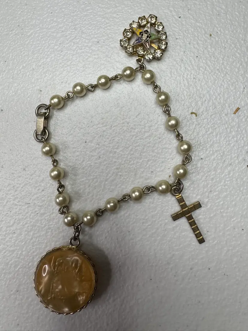 Vintage Charm Bracelet With Masonic Rhinestone Order of the Eastern Star & Vintage & Lithophane Face of Jesus “RARE”