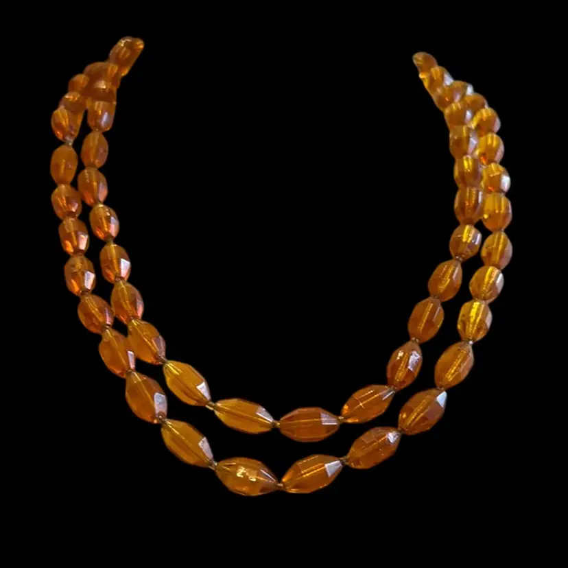 Antique 1920’s Art Deco Single Strand 46” Honey Amber Faceted Glass Bead Necklace, 110g